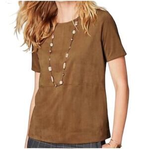 J Jill Faux Suede Short Sleeve Top Womens Size L Cognac Keyhole Back